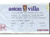 Entrada del partido de la UEFA en Birmingan, temporada 97-98.