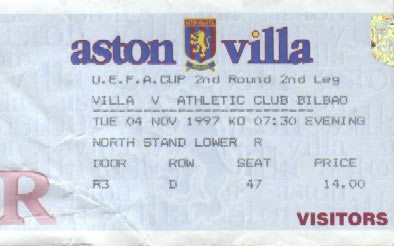 Entrada del partido de la UEFA en Birmingan, temporada 97-98.