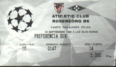 Entrada de la Champions League en San Mamés, temporada 98-99.