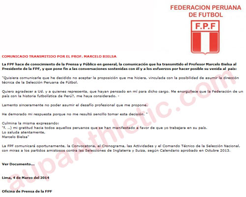 Marcelo Bielsa da calabazas a Perú