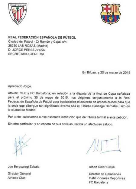 Carta del Athletic y del Barcelona pidiendo a la RFEF el Bernabéu