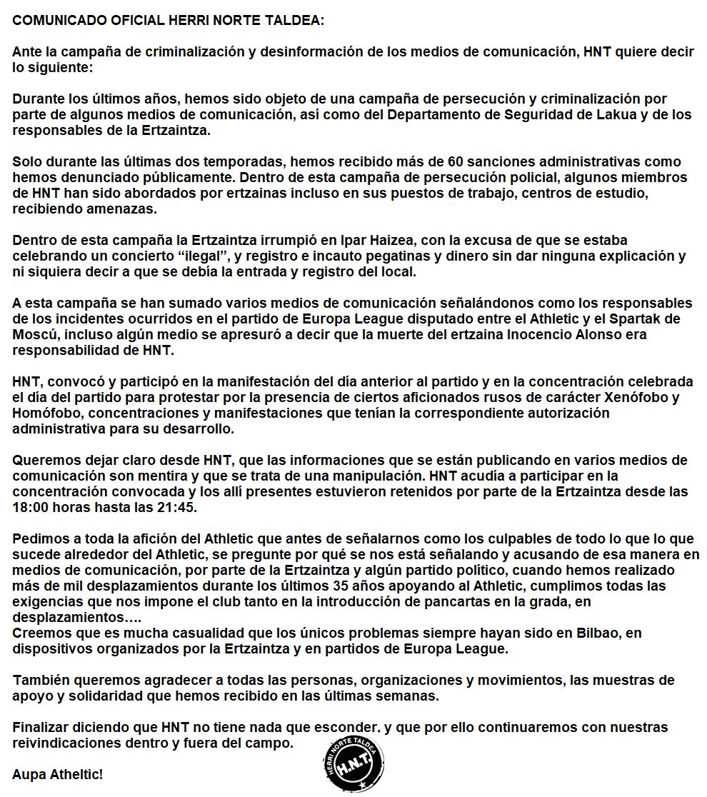 Comunicado oficial de Herri Norte Taldea