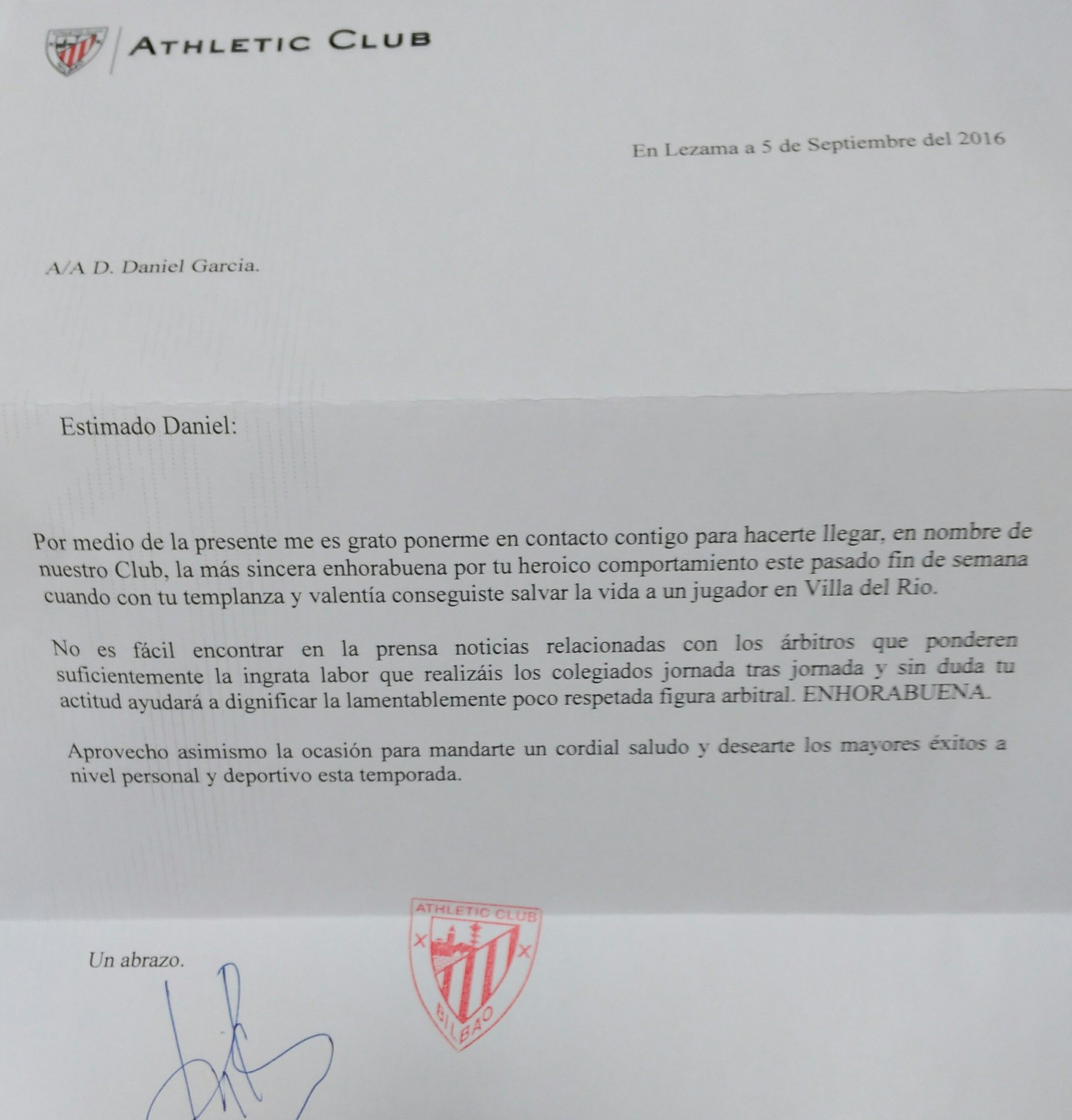 Carta enviada por el Athletic a un colegiado