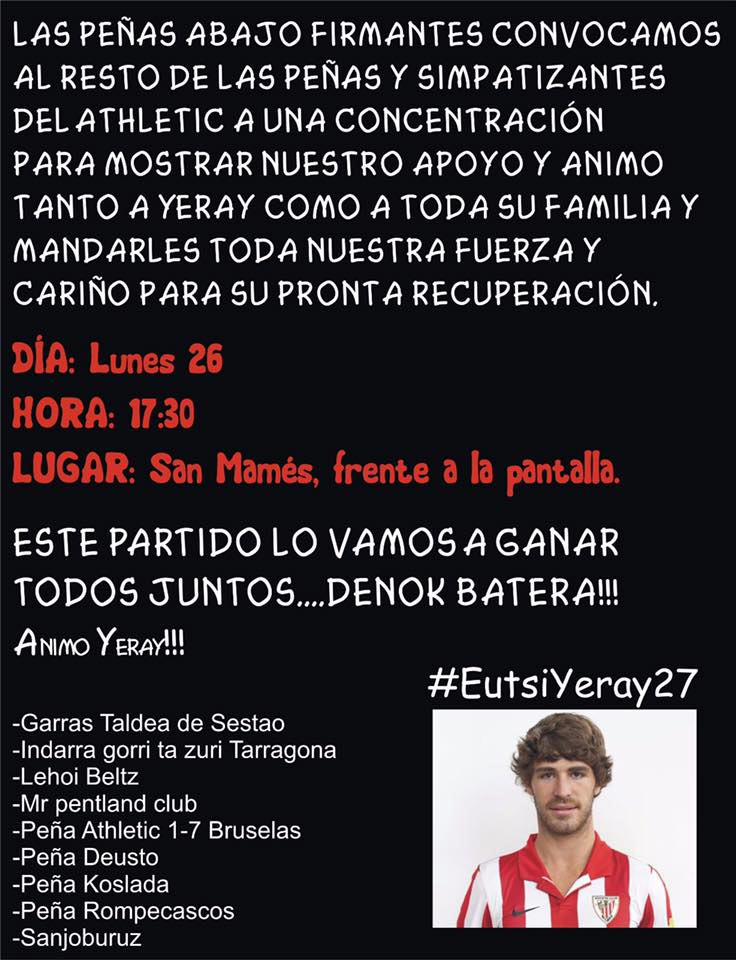 Peñas del Athletic mostrarán su apoyo a Yeray hoy con una concentración