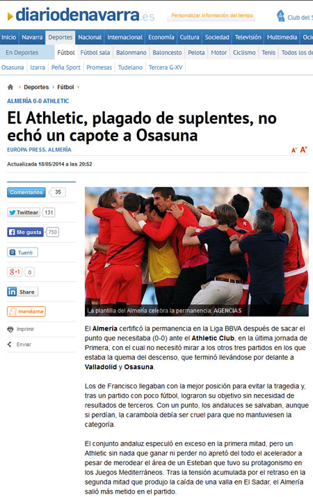 El Diario de Navarra carga contra el Athletic por alinear suplentes ante el Almería