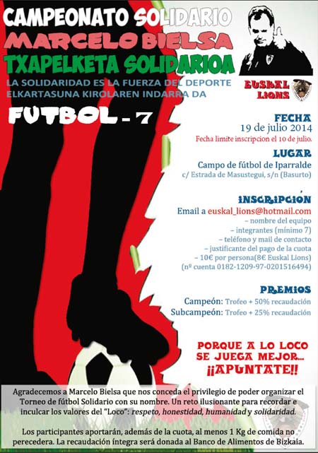 Cartel Torneo Solidario Marcelo Bielsa de fútbol 7 de la Peña Euskal Lions