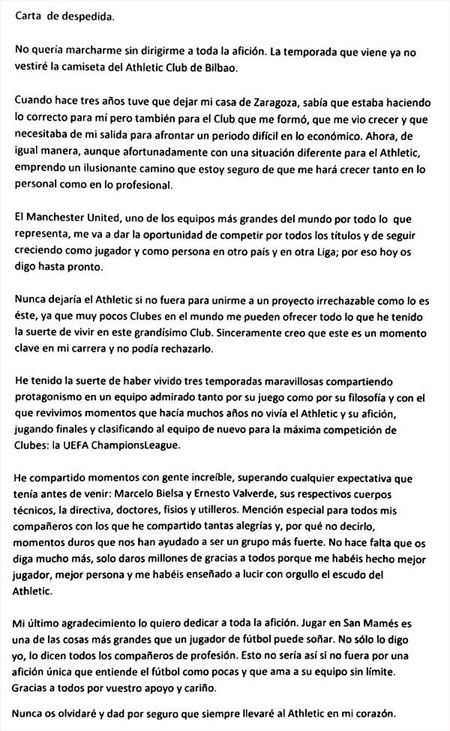 Carta de despedida de Ander Herrera