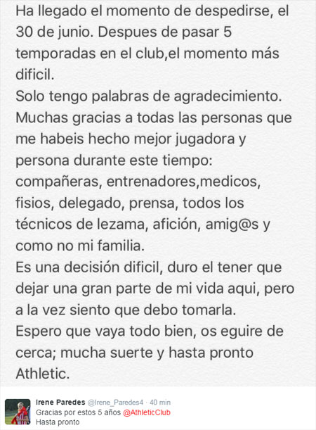 Mensaje de despedida de Irene Paredes