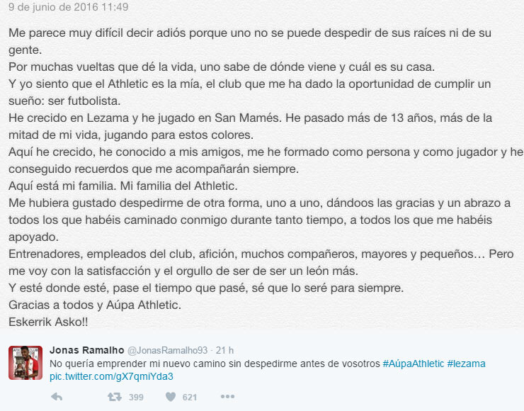 Emotivo mensaje de despedida de Jonás Ramalho en Twitter