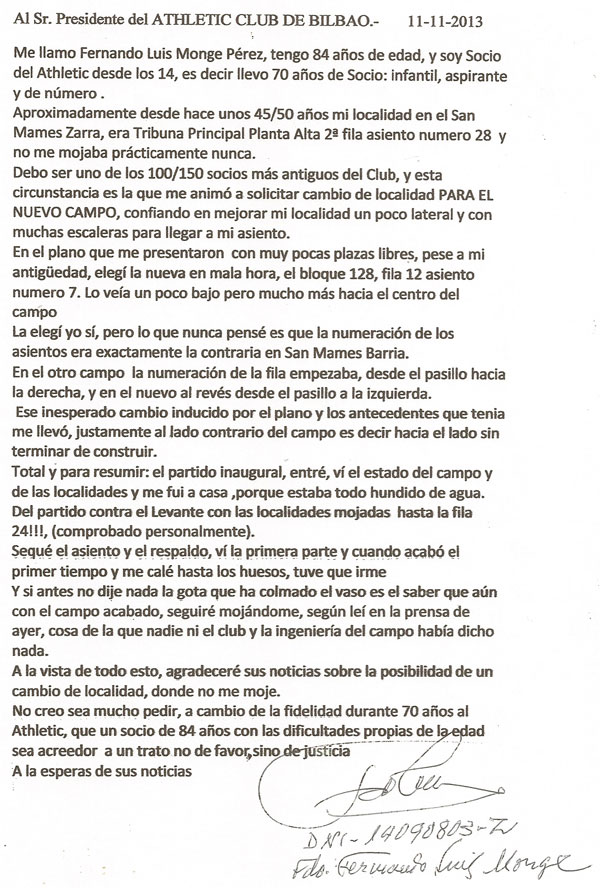 Queja de un socio del Athletic de 84 años